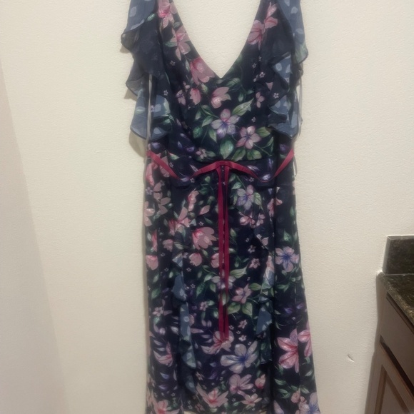 Marchesa Notte Blue Floral Chiffon Midi Gown Size 12 Flutter Sleeve Formal - Picture 11 of 15